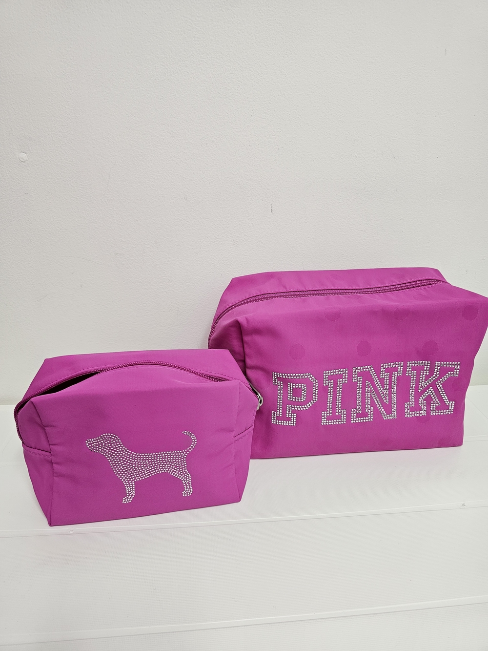 PINK Victoria's Secret Rhinestone Logo Cosmetic Pouch Set - Hot Pink